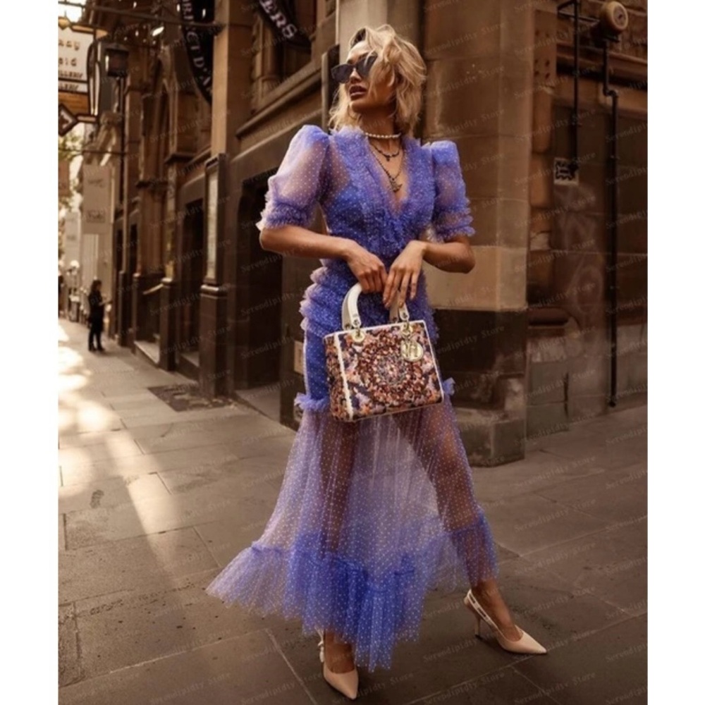 Sheer Puff-Sleeve Polka Dot Maxi Dress in Periwinkle